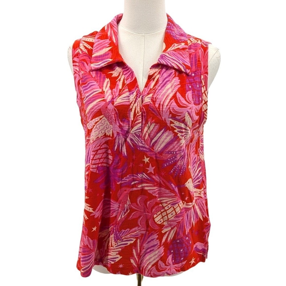 Sigrid Olsen Tropical Cotton Sleeveless Blouse Pink Red Collared Size M
